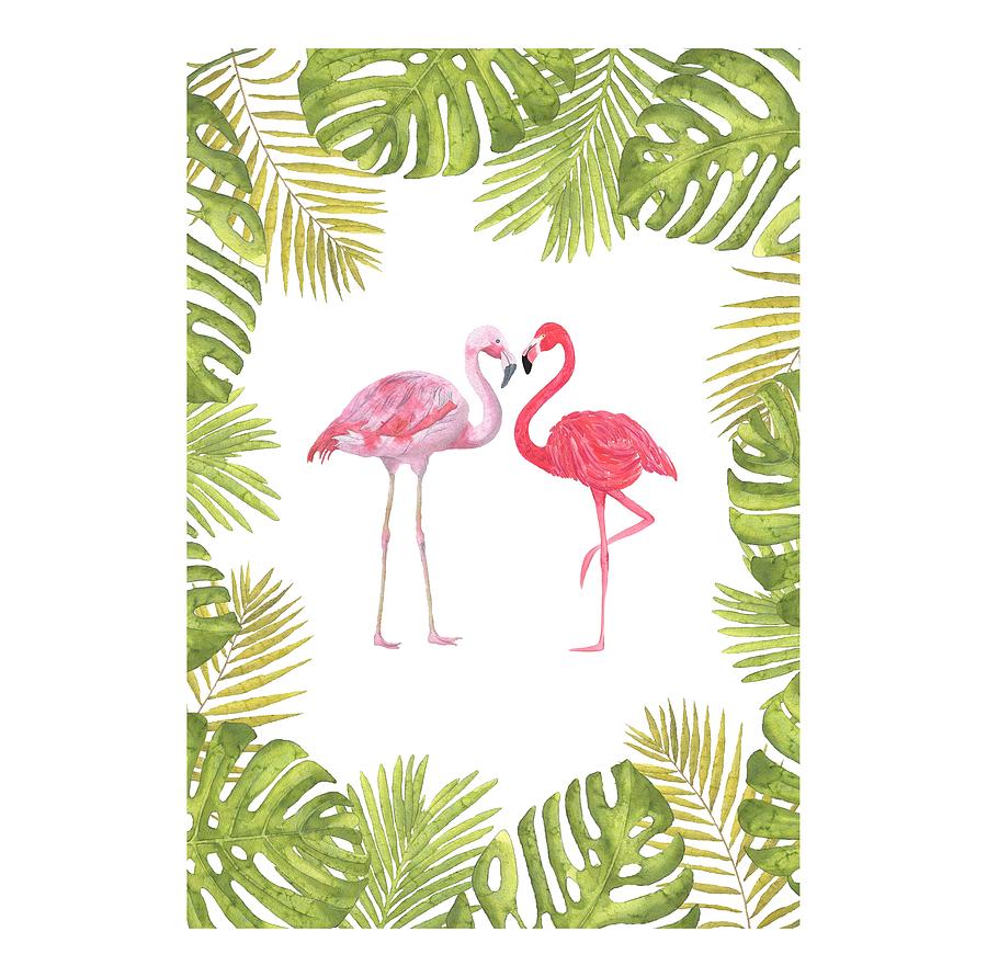 Magical Tropicana Love Flamingos and Leaves Painting by Georgeta Blanaru