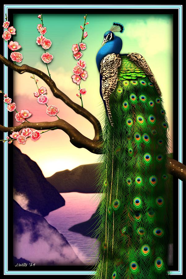 Magnificent Peacock on Plum Tree in Blossom Digital Art by John Wills