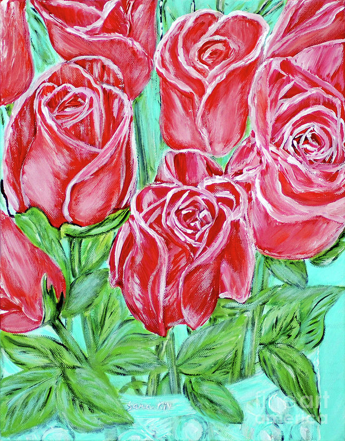 Magnificent Roses. Acrylic Painting. Pink Energy Painting by Oksana Semenchenko