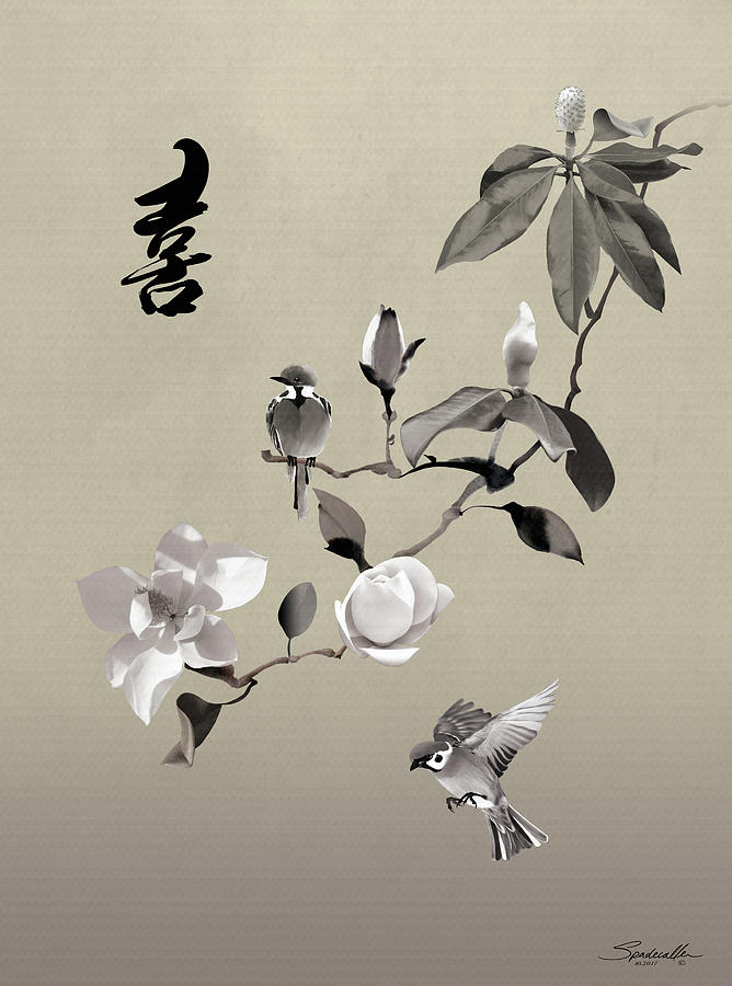 Magnolia and Two Sparrows Digital Art by M Spadecaller