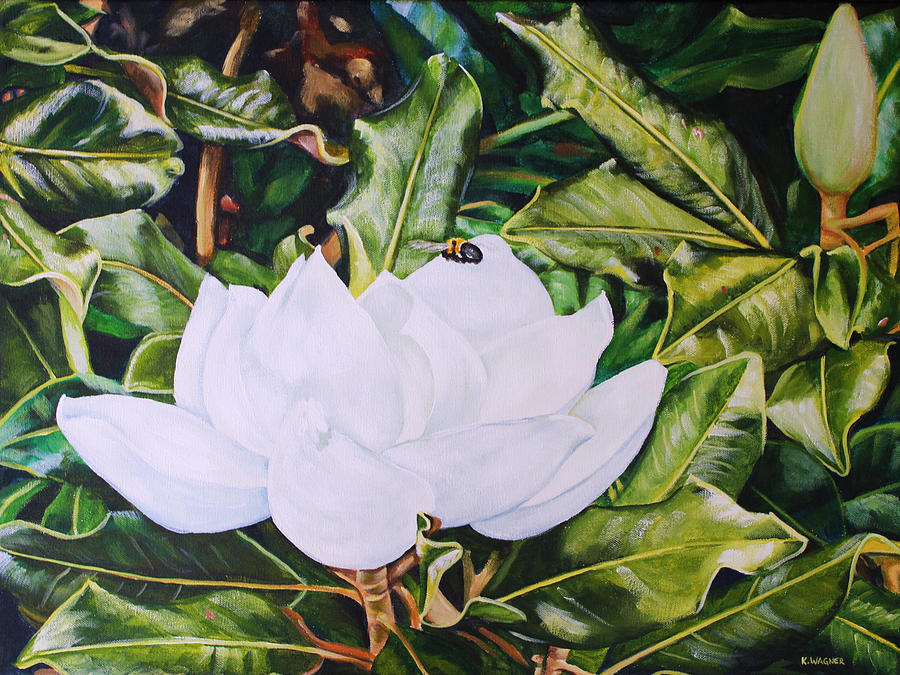 Magnolia Blossom and Bumblebee Painting by Karl Wagner