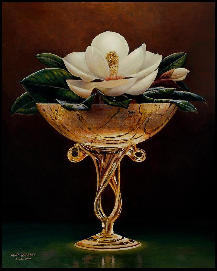 Magnolia In Gold Glass Vase Painting by Mike Roberts