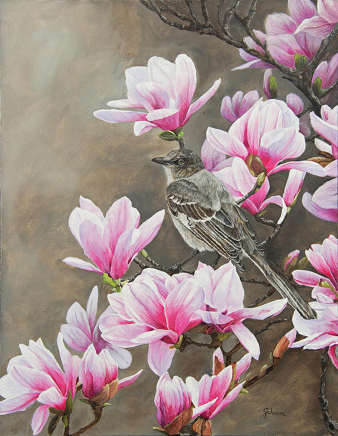 Flower Painting - Magnolias And Mockingbird by Johanna Lerwick