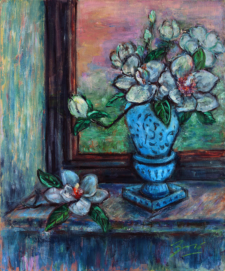 Flower Painting - Magnolias in a Blue Vase by the Window by Xueling Zou
