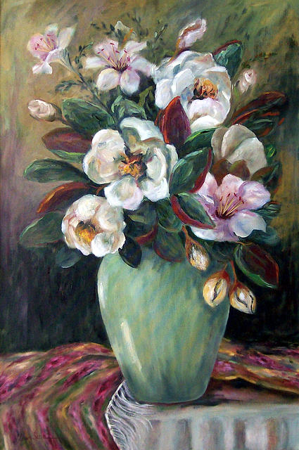 Magnolias in Green Vase Painting by Lorna Skeie