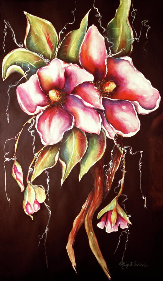 Magnolias on Black Painting by Mary Silvia