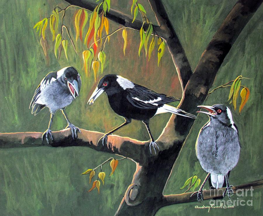 Magpie mother feeding her young Painting by Audrey Russill - Pixels