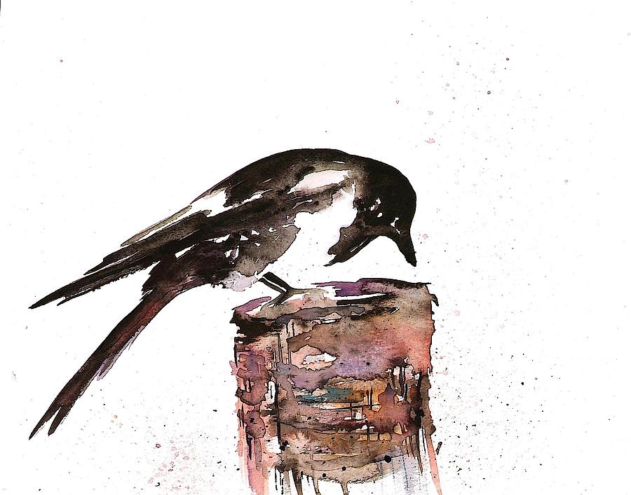 Magpie on a Stump Painting by Carolyn Doe