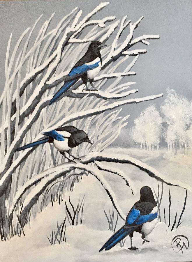 Magpies At Play Painting by Renee Noel