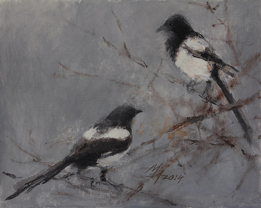 Magpies Painting by Attila Meszlenyi