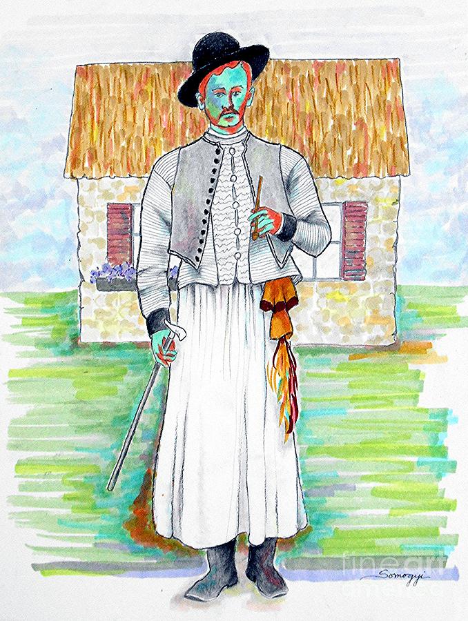 Magyar -- Retro Portrait of Ethnic Peasant Drawing by Jayne Somogy