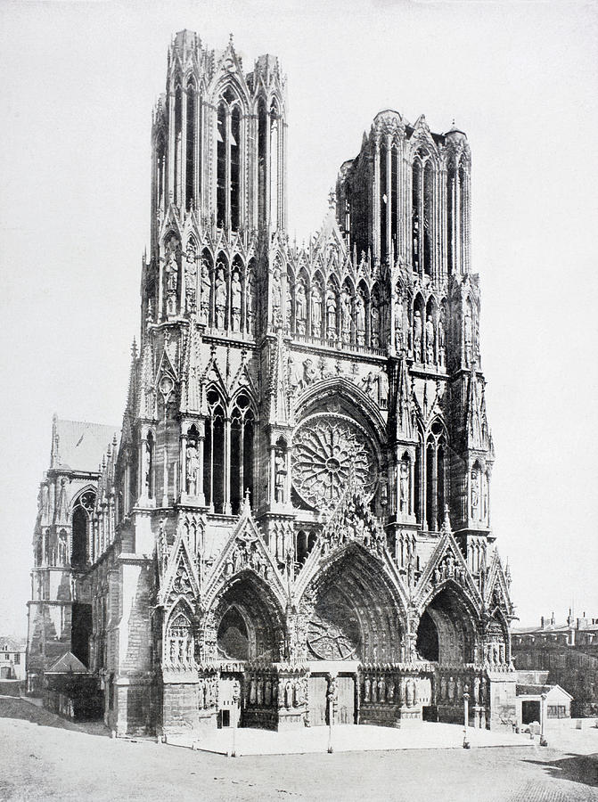 Architecture Drawing - Main Facade Of Notre-dame De Reims  Our by Vintage Design Pics