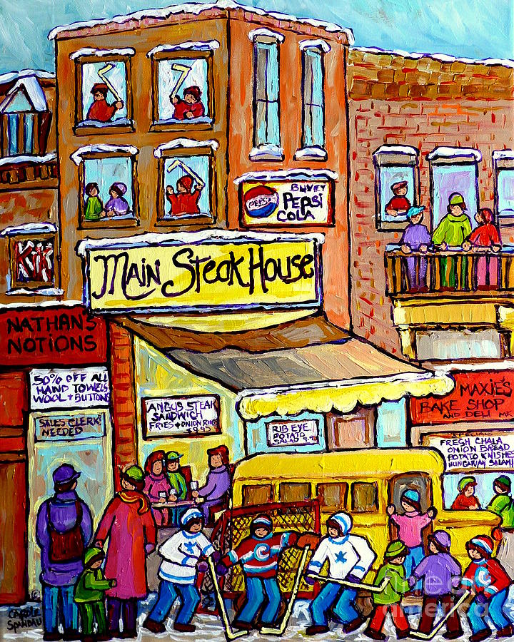 Main Steakhouse Montreal Memoriesjewish Inner City Scene Hockey Art Carole Spandau Winter  Paintings Painting by Carole Spandau