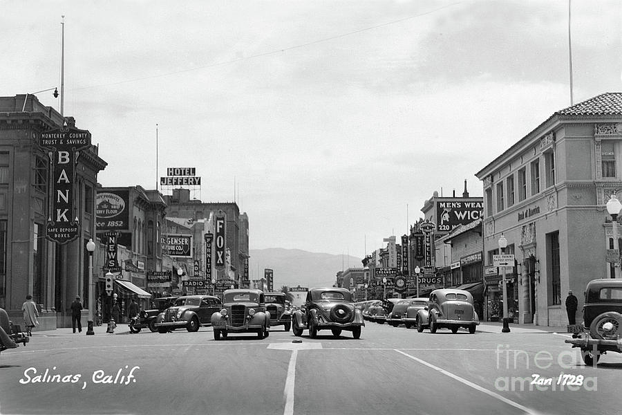 Bank Of America Photograph - Main street, Monterey County Bank, Fox Theater,  Hotel Jeffery 1938 by Monterey County Historical Society