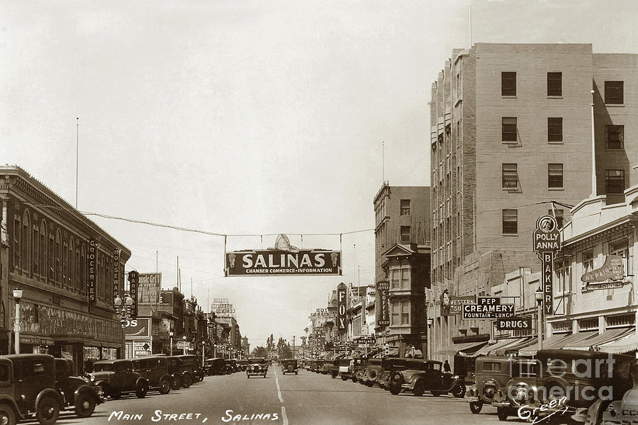 Fox Photograph - Main Street with Fox Theater, Pep Creamery,  Banner Salinas, Ch by Monterey County Historical Society