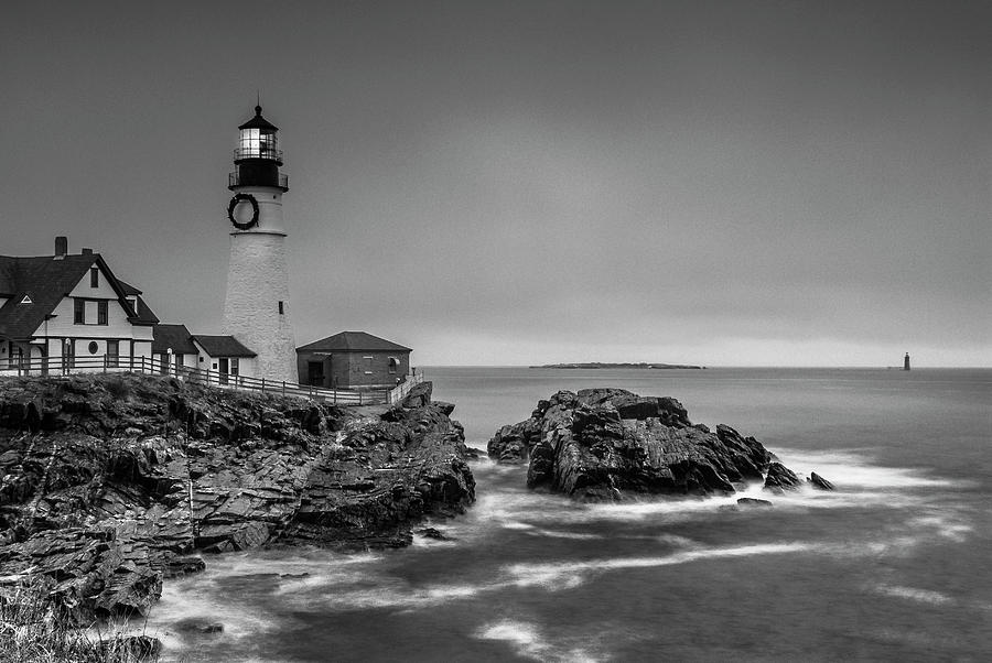 Maine Cape Elizabeth Lighthouse aka Portland Headlight in BW Photograph by Ranjay Mitra