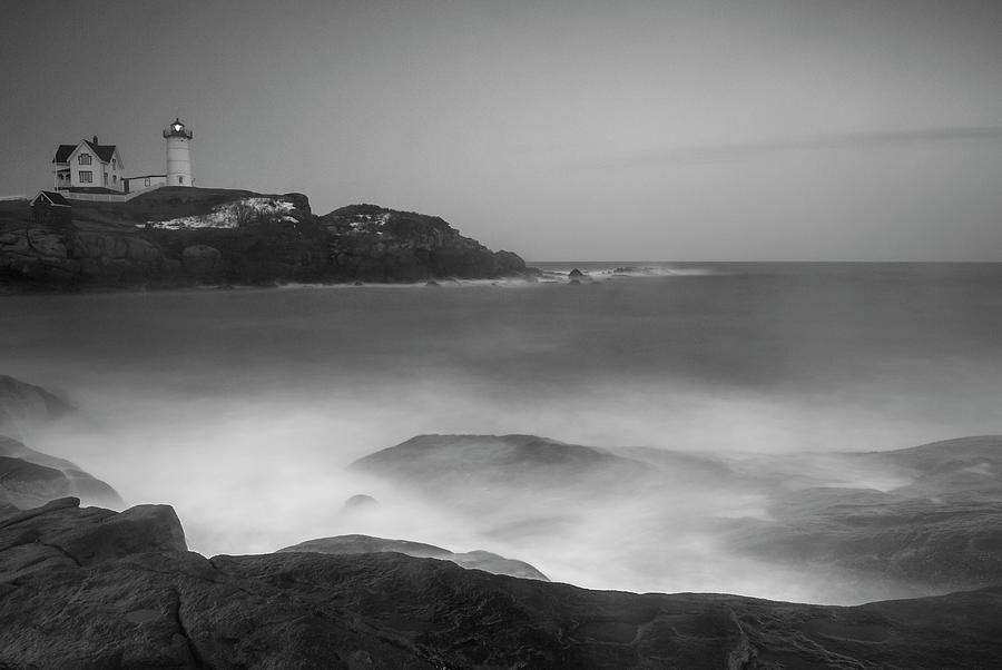 Maine Cape Neddick Lighthouse and Rocky Coastal Waves BW Photograph by Ranjay Mitra