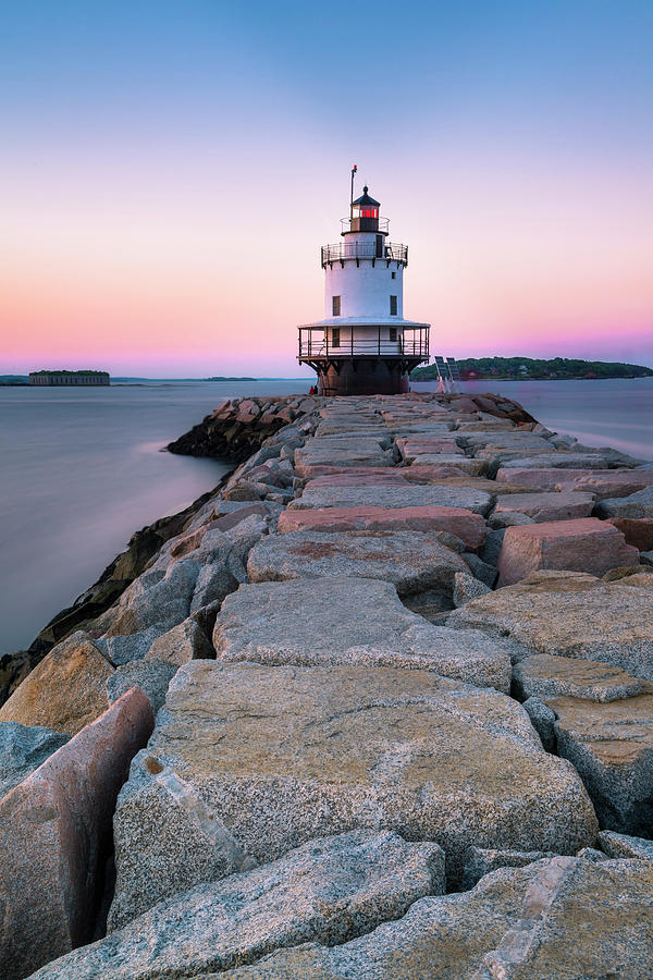 Maine Coastal Sunset over the Spring Breakwater Lighthouse Photograph by Ranjay Mitra