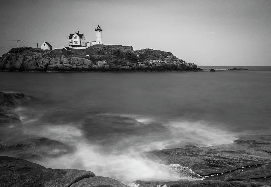 Maine Nubble Lighthouse and Rocky Shores in BW Photograph by Ranjay Mitra