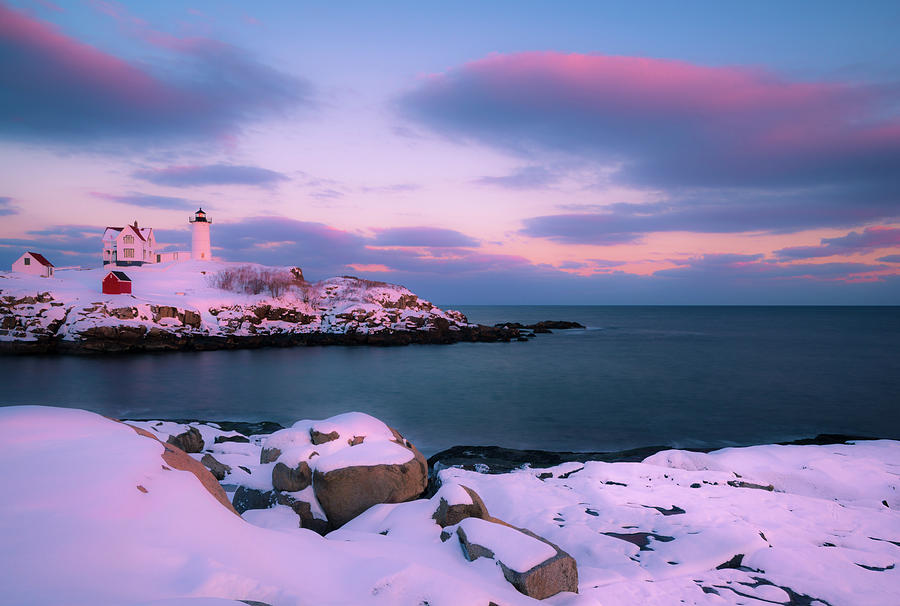 Maine Nubble Lighthouse in Winter Blue Hour Photograph by Ranjay Mitra