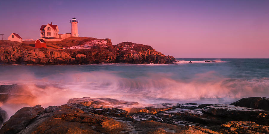 Maine Nubble Lighthouse Waves Panorama Photograph by Ranjay Mitra