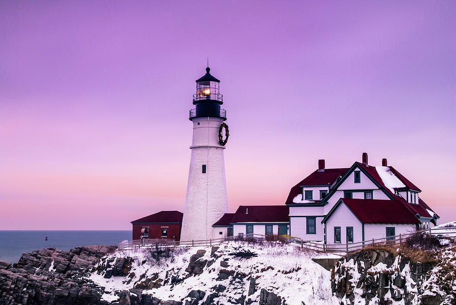 Maine Portland Headlight Lighthouse at Sunset in Winter with Snow Photograph by Ranjay Mitra
