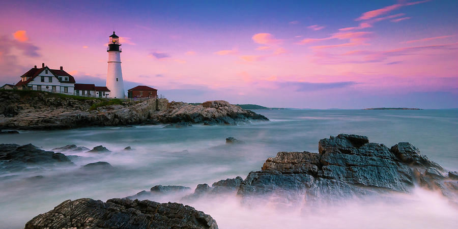 Maine Portland Headlight Lighthouse at Sunset Panorama Photograph by Ranjay Mitra