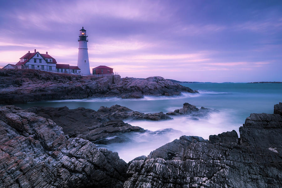 Sunset Photograph - Maine Portland Headlight Lighthouse Blue Hour by Ranjay Mitra