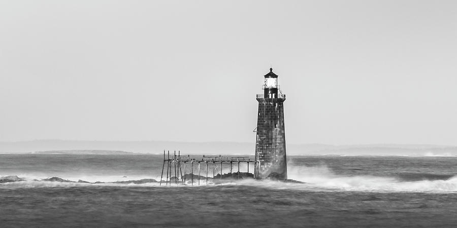 Maine Ram Island Ledge Lighthouse and Windy Surf in BW Panorama  Photograph by Ranjay Mitra