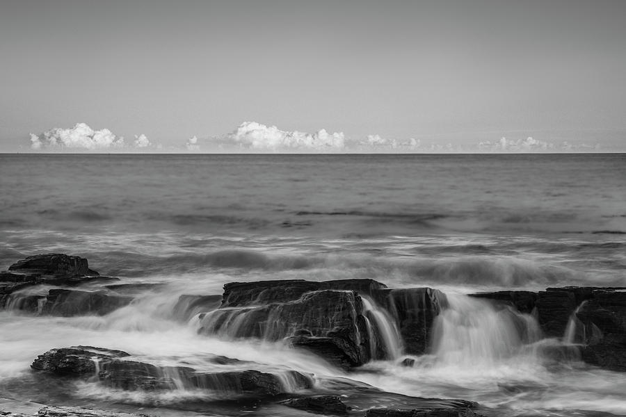 Maine Rocky Atlantic Coast Crashing Waves and Clouds in Black and White Photograph by Ranjay Mitra