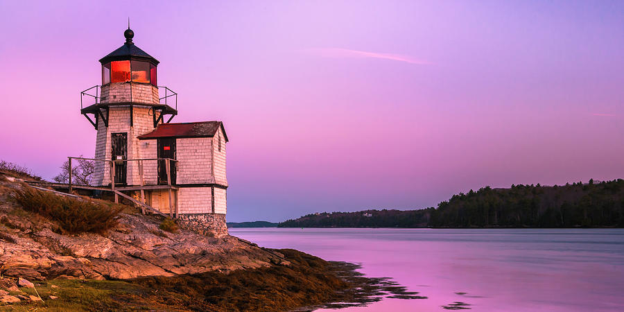Maine Squirrel Point Lighthouse on Kennebec River Sunset Panorama Photograph by Ranjay Mitra