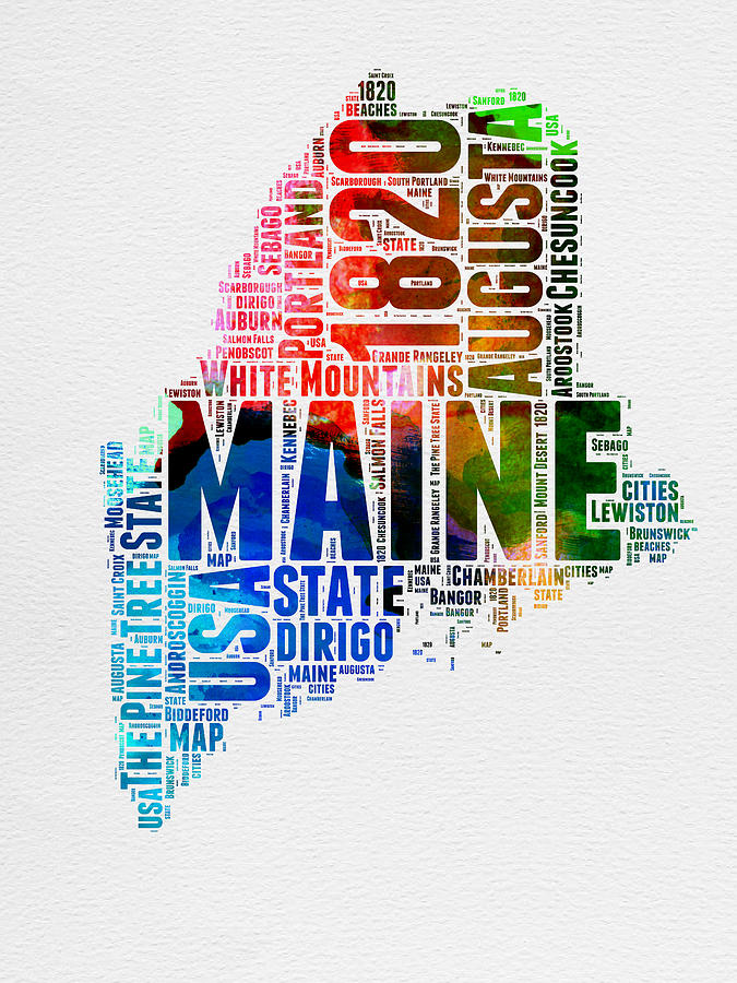 Maine Map Digital Art - Maine Watercolor Word Cloud  by Naxart Studio