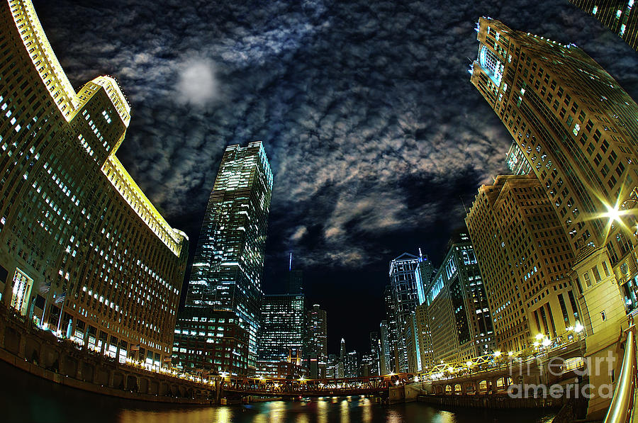 Architecture Photograph - Majestic Chicago - Windy City Riverfront at Night by Bruno Passigatti