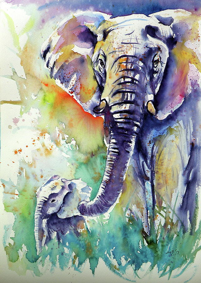 Majestic elephant with baby Painting by Kovacs Anna Brigitta