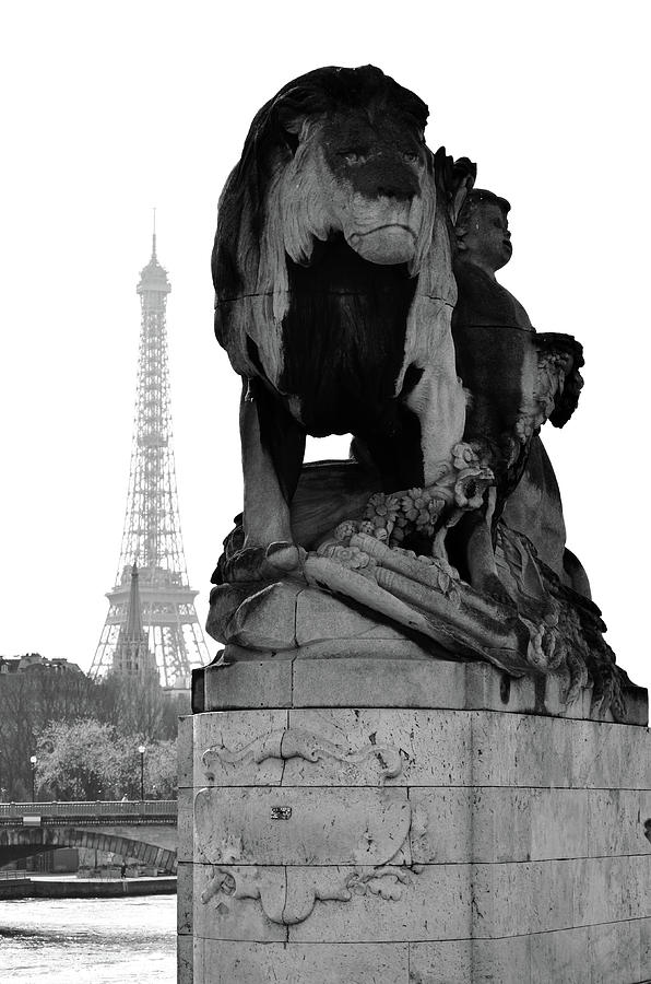 Majestic Lion Statue Near Pont Alexandre III with Eiffel Tower Background Paris Black and White Photograph by Shawn OBrien