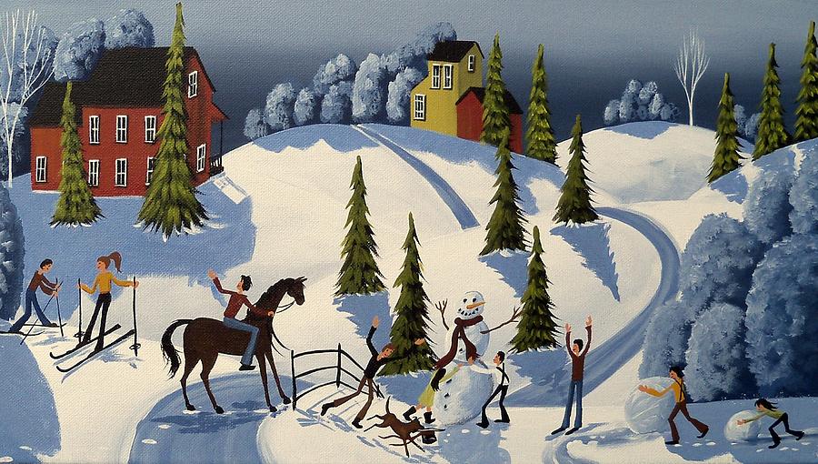Making A Snowman - winter folk art landscape  Painting by Debbie Criswell