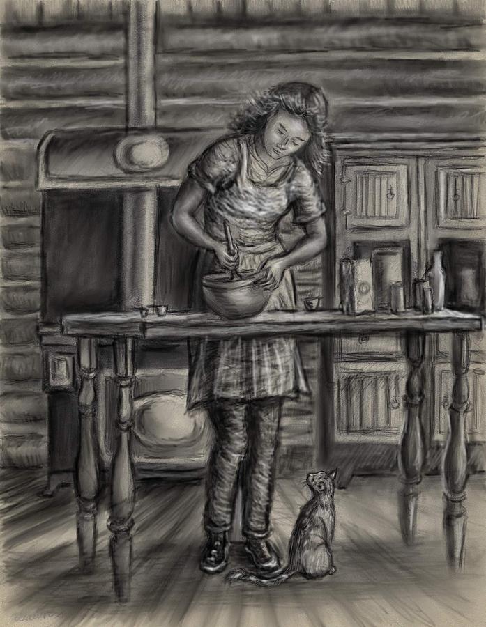 Cabin Drawing - Making Bread in the Cabin by Dawn Senior-Trask