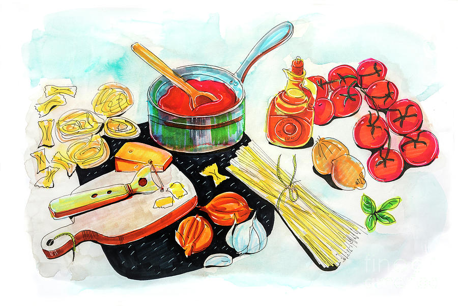 making Italian tomatos sauce Drawing by Ariadna De Raadt
