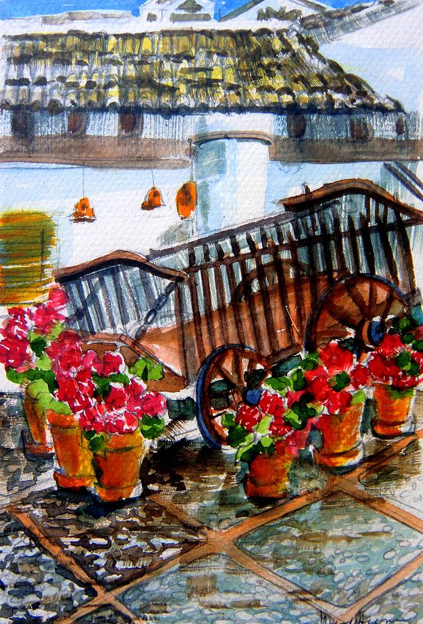 Malaga Spain Flower Cart Painting by Mindy Newman