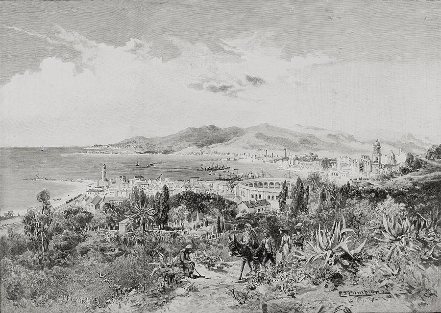 Black And White Drawing - Malaga, Spain Looking West, By Edward by Vintage Design Pics