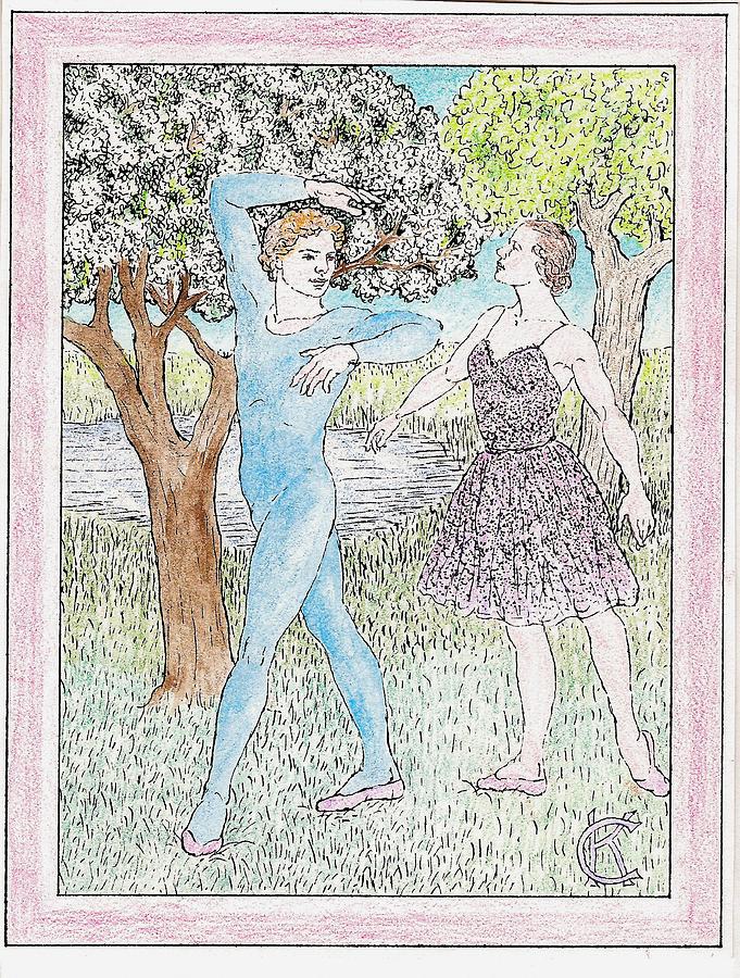 Male and Female Ballet Dancers Dance Among Flowering Trees Painting by Catinka Knoth