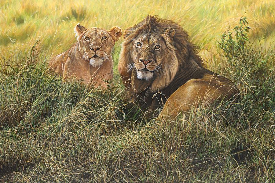 Male and Female Lion Painting by Alan M Hunt