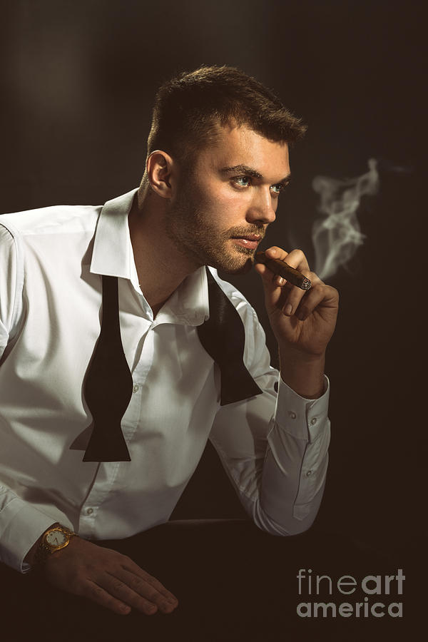 Hollywood Photograph - Male Model Smoking Cigar by Amanda Elwell