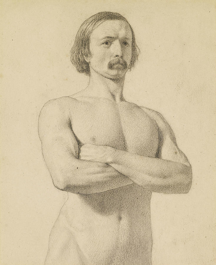 Male Nude - Academic nude Study, half-length with Moustache and Arms folded  Drawing by Ford Madox Brown