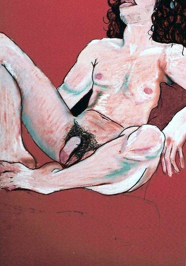 Male nude on red Drawing by Joanne Claxton