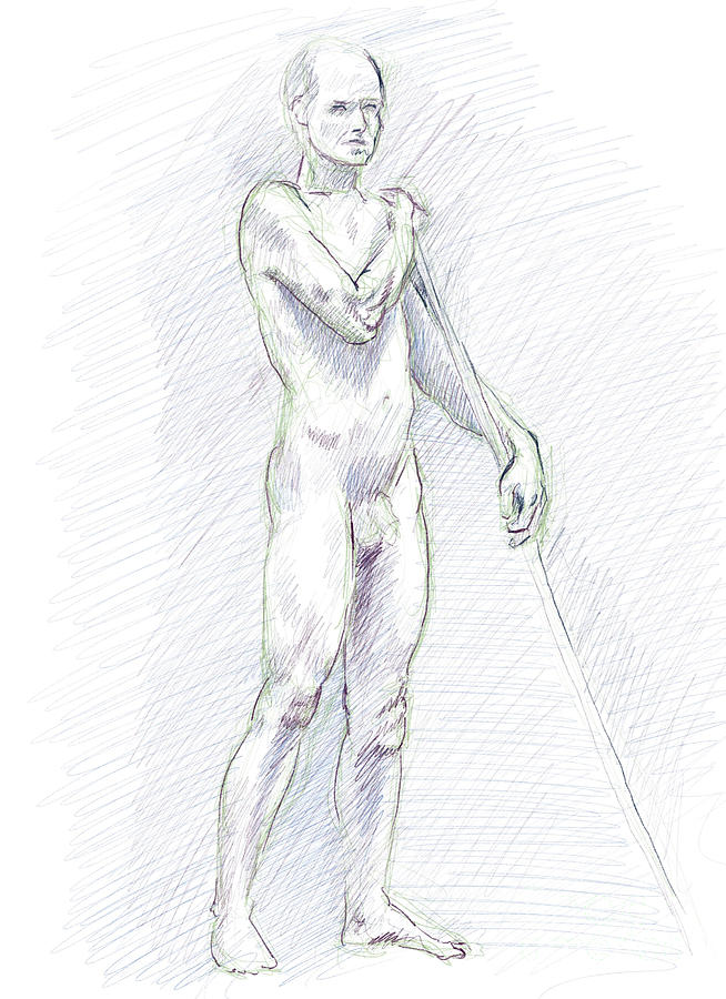 Male nude standing with wooden pole digital drawing Drawing by Adam Long