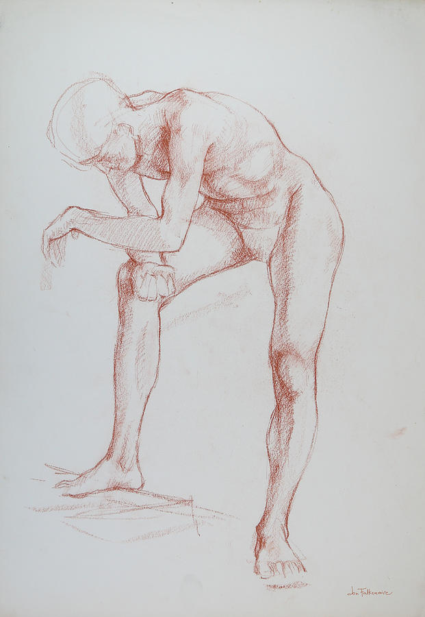 Male, Right Leg On Step, Leaning With Elbows On Knee, Student Work. Drawing