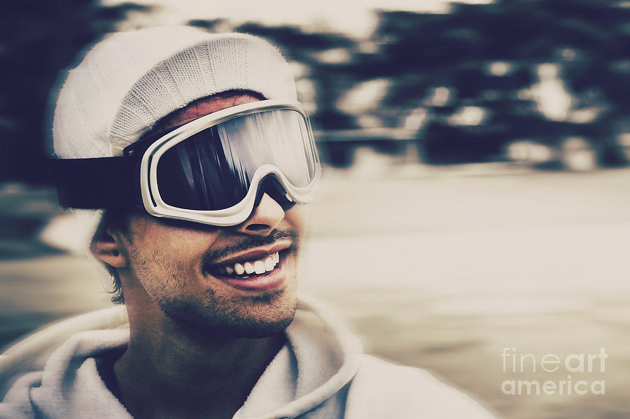 Male snowboarder wearing ski goggles and smile Photograph by Jorgo Photography