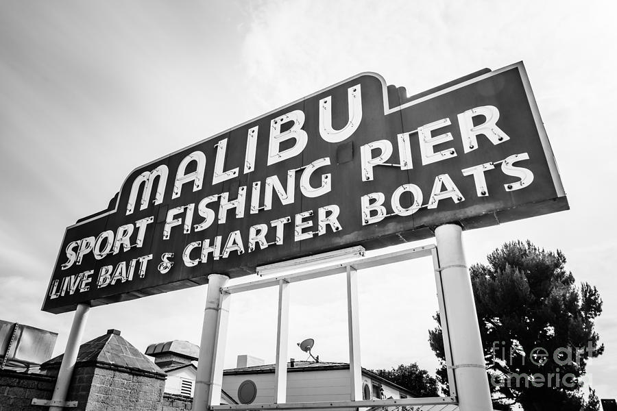 Malibu Pier Sign Black and White Photo Photograph by Paul Velgos