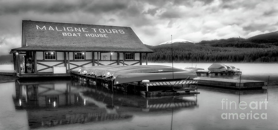 Maligne Lake Boathouse bw Photograph by Jerry Fornarotto
